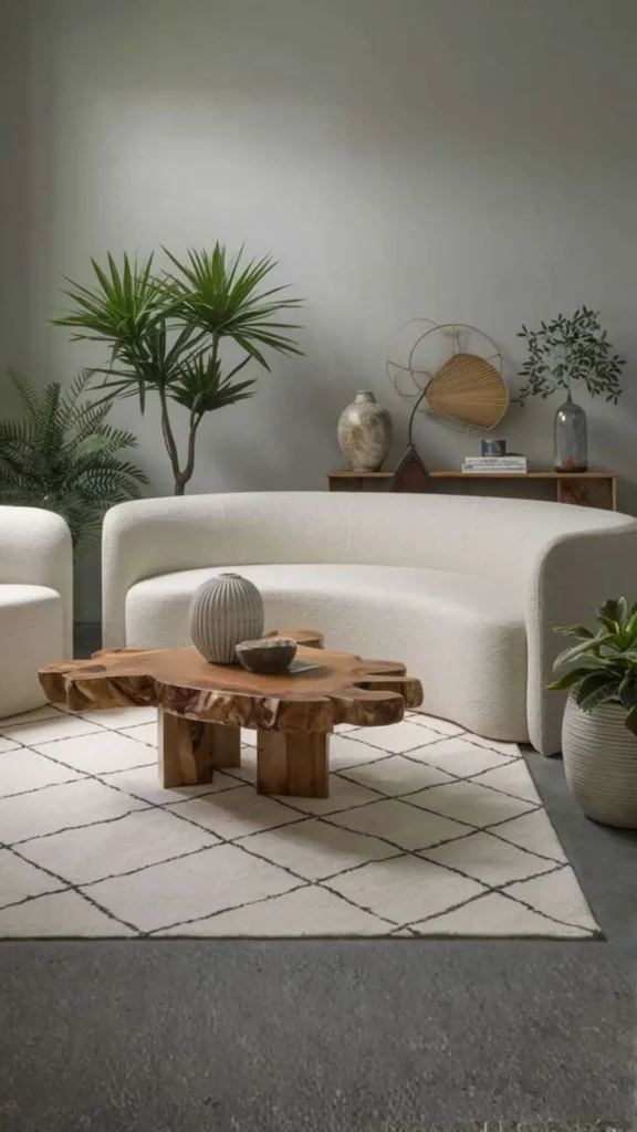 organic modern interior design living room bouclé sofa natural wood 2026
