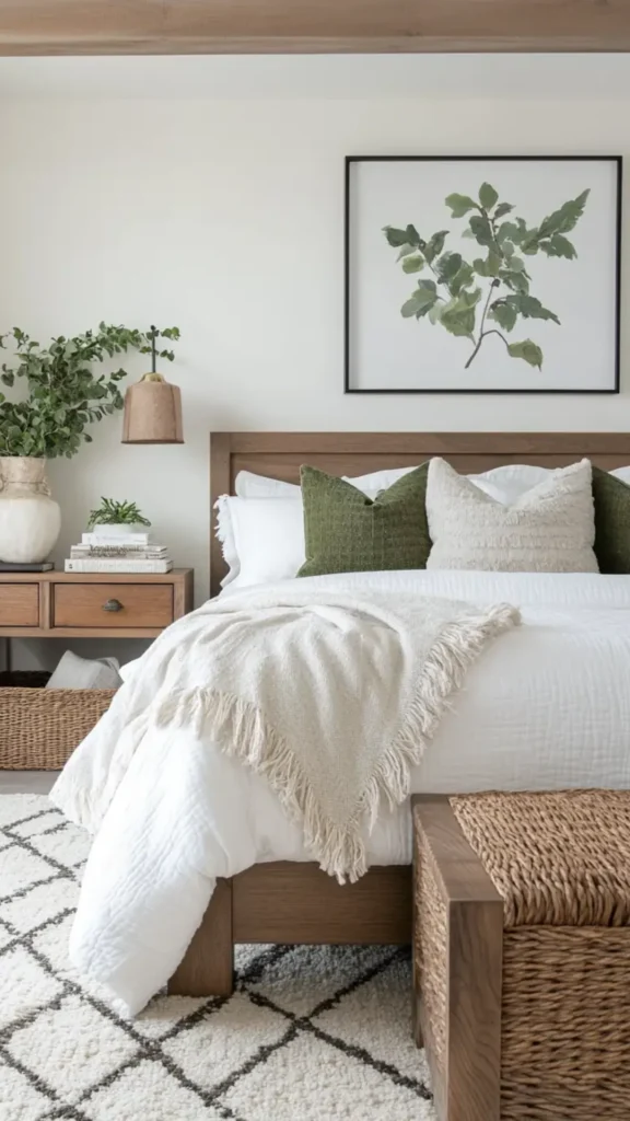 organic modern interior design bedroom linen bedding curved headboard natural wood
