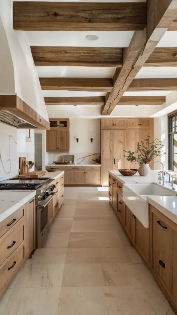 organic modern interior design kitchen oak cabinets stone countertops natural light