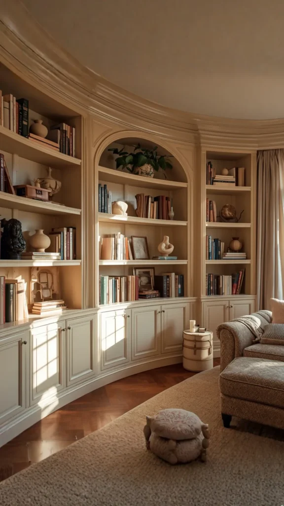 curved bookshelf living room styling guide rule of thirds objects arrangement