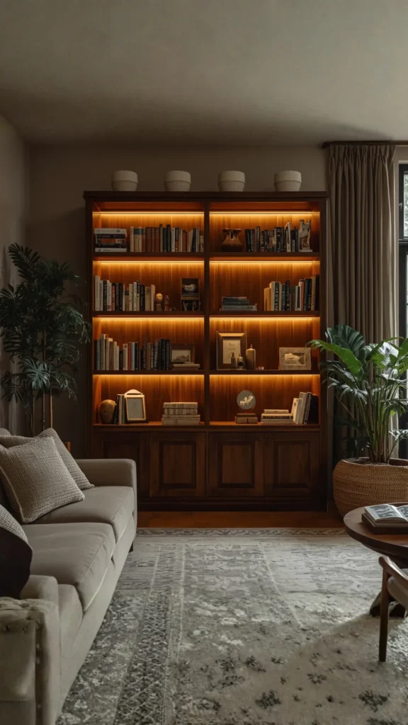 walnut curved bookshelf living room warm earthy interior rich tones cozy