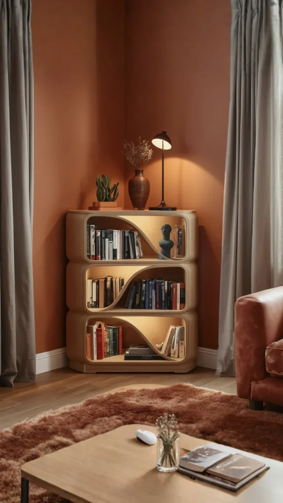 corner wave curved bookshelf living room small space solution compact elegant