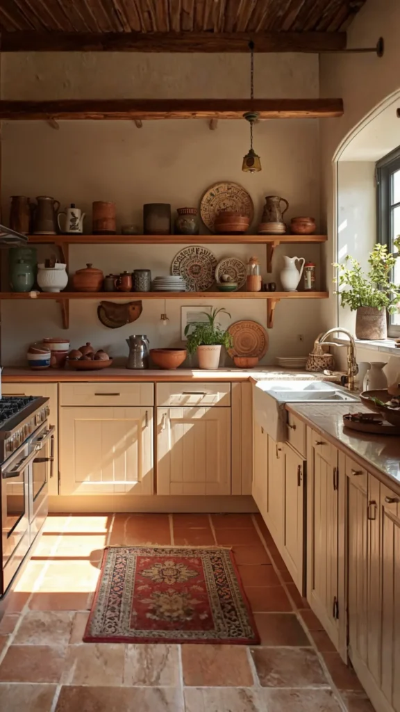 earthy kitchen ideas 2026 terracotta tiles cream cabinets ceramic details warm