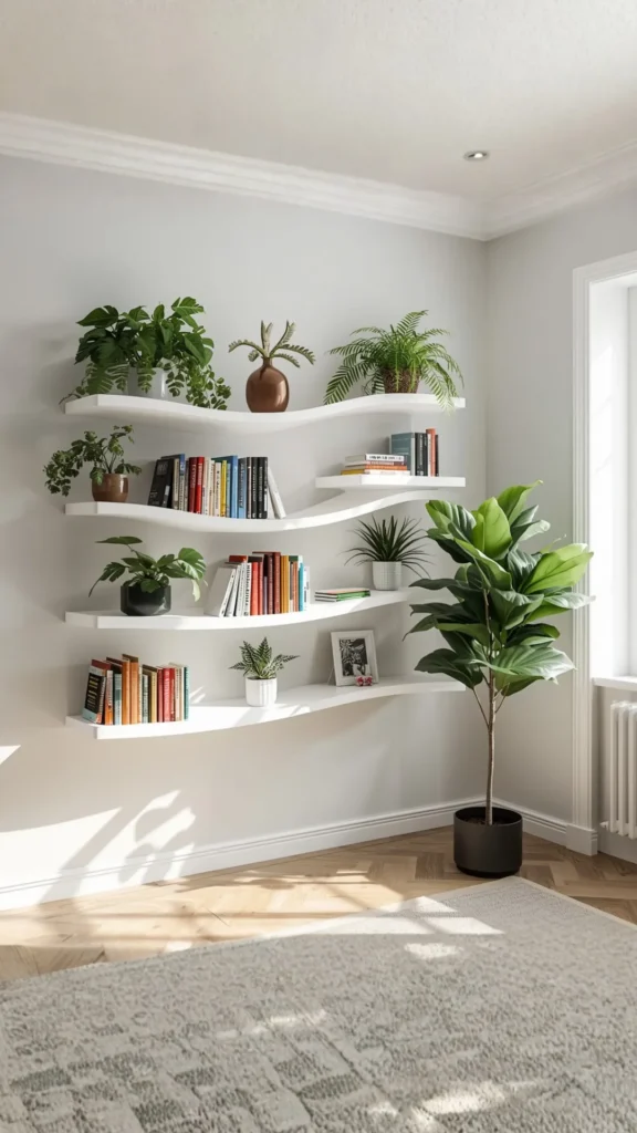 wave shelf curved bookshelf living room modern wavy white wall mounted