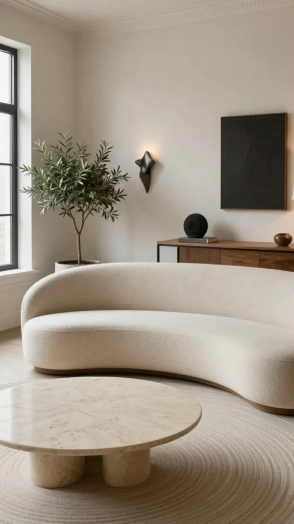 2. Pair a Curved Bouclé Sofa with a Travertine Coffee Table