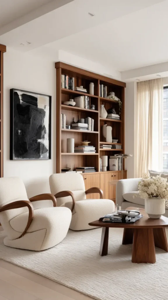 Pair Bouclé with a Warm Wood Sideboard or Shelving Unit