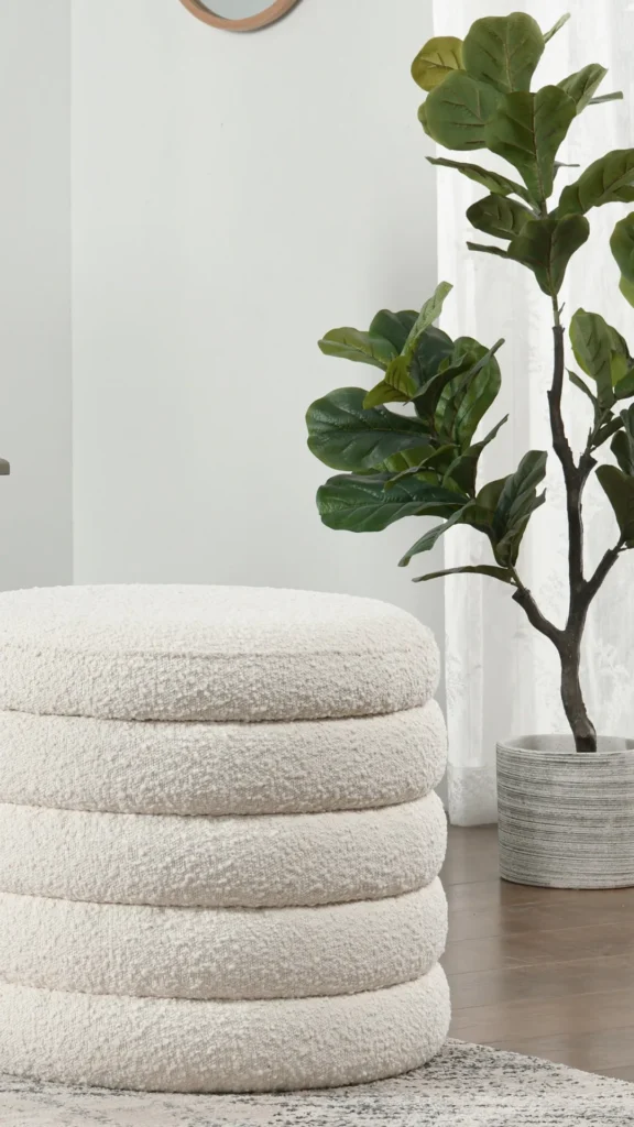 Pair a Modular Bouclé Arrangement with a Round Ottoman