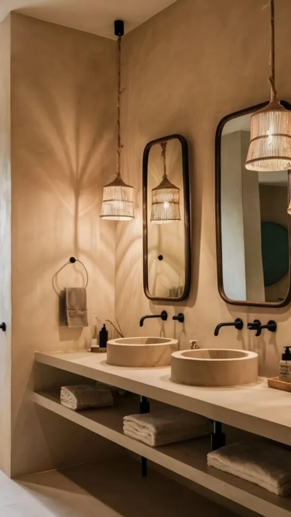 Organic Modern Bathrooms Prioritize Natural Material and Warm Light