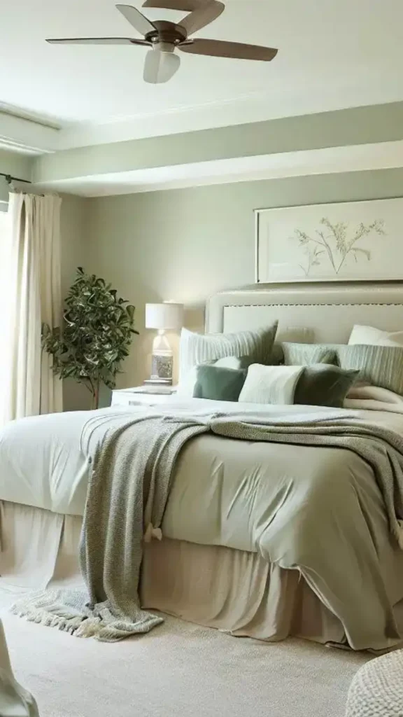 boucle headboard bedroom sage green colored statement piece neutral 2026