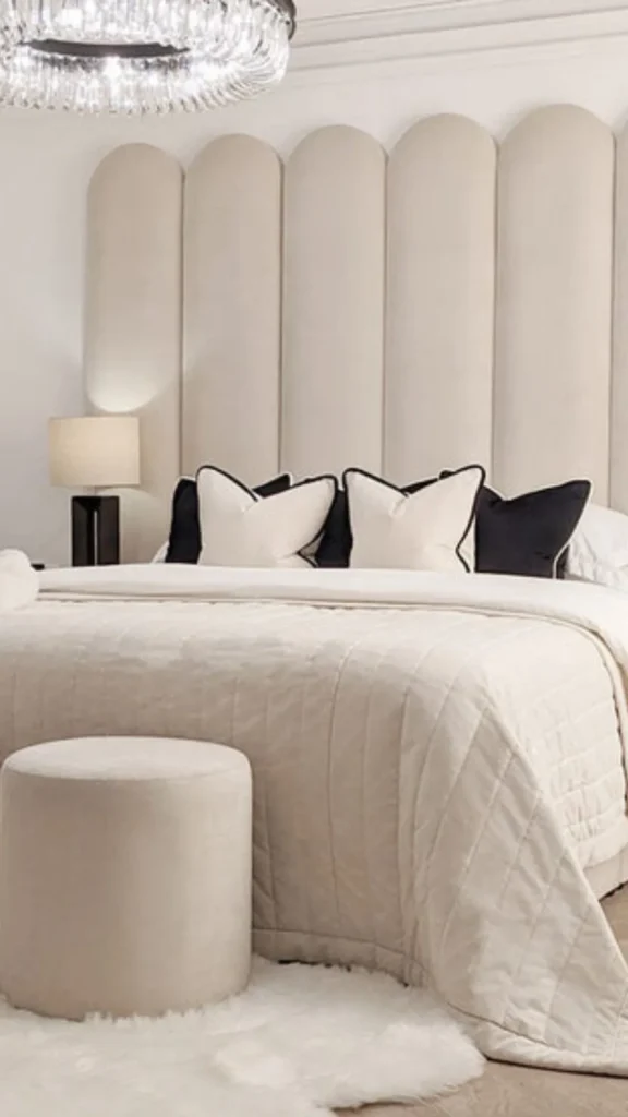 fluted boucle headboard bedroom channeled detail warm cream luxury 2026