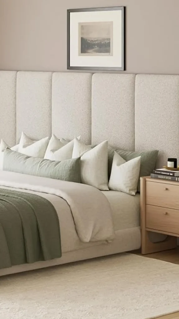boucle headboard bedroom integrated bedside lighting reading sconces warm 2026