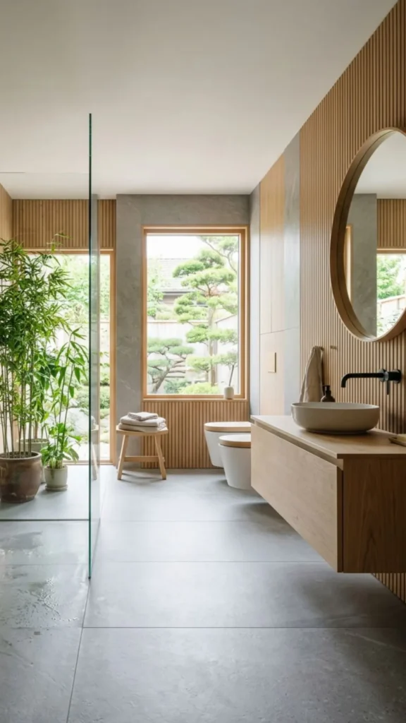 japandi bathroom ideas wet room seamless stone floor warm wood minimal glass 2026