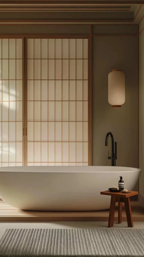 japandi bathroom ideas stone bath surround natural travertine warm 2026