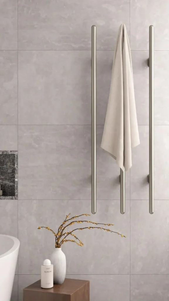 japandi bathroom ideas heated towel rail design feature white linen warm 2026