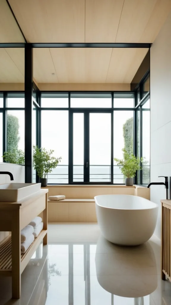 japandi bathroom ideas skylight natural light roof ceiling warm stone 2026