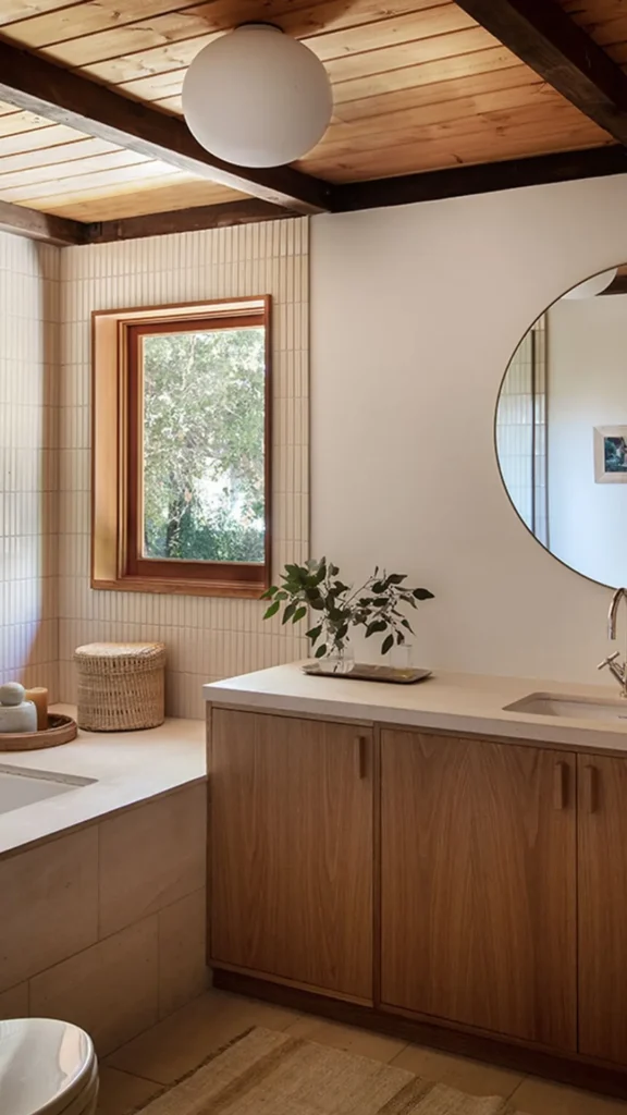 japandi bathroom ideas storage hidden cabinetry minimal open warm wood 2026