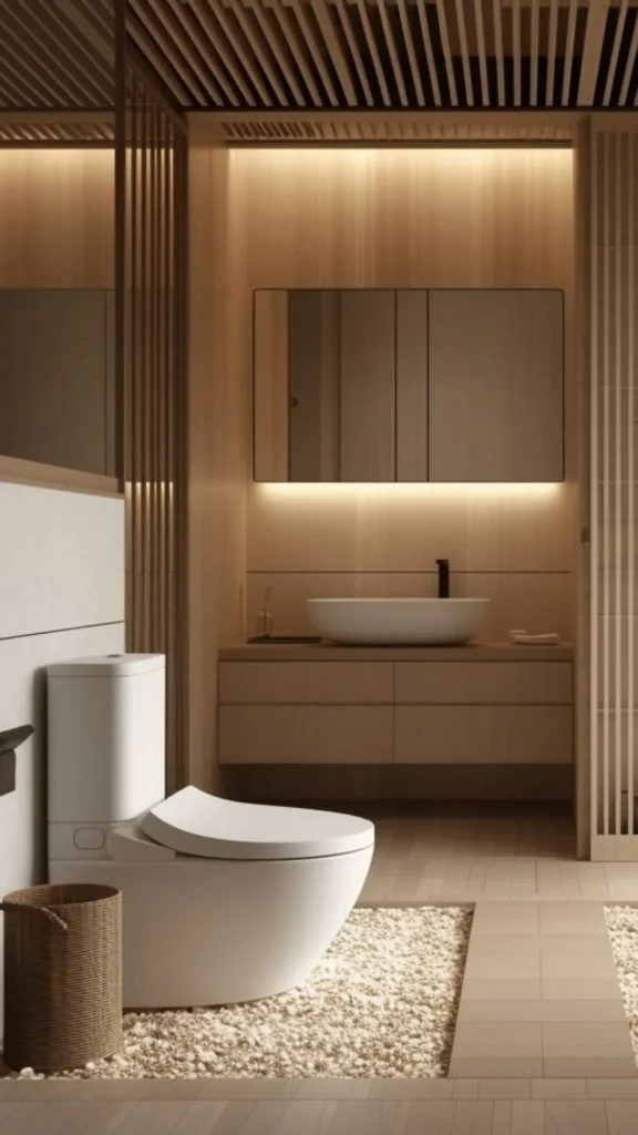 japandi bathroom ideas tile pattern laying direction horizontal stacked stone warm 2026