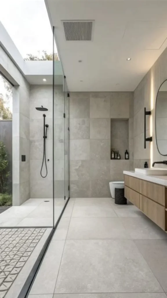 japandi bathroom ideas floor large format warm stone heated minimal grout 2026