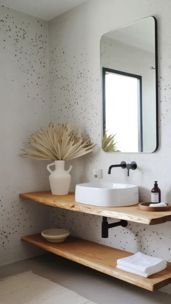 japandi bathroom ideas mirror arch round warm frame reflecting natural light 2026