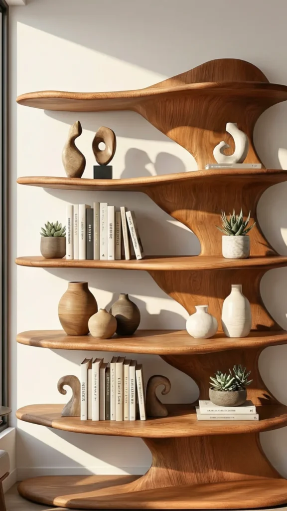 built in curved bookshelf living room alcove organic warm wood interior 2026