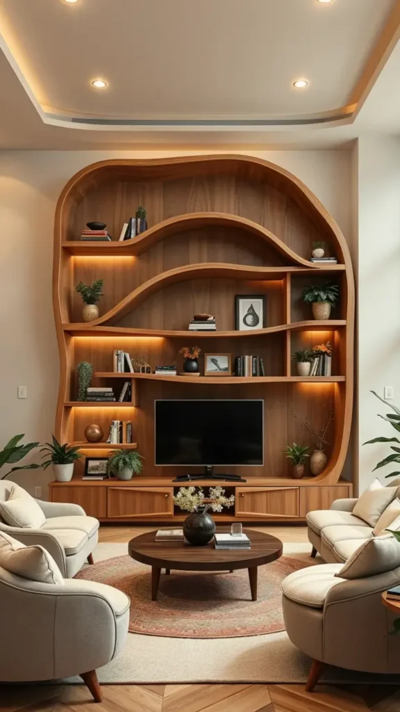 rattan curved bookshelf living room organic modern woven natural texture 2026
