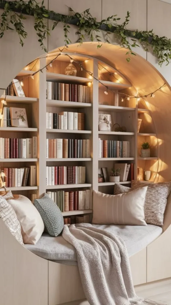 curved bookshelf bedroom reading corner personal warm chair beside organic 2026