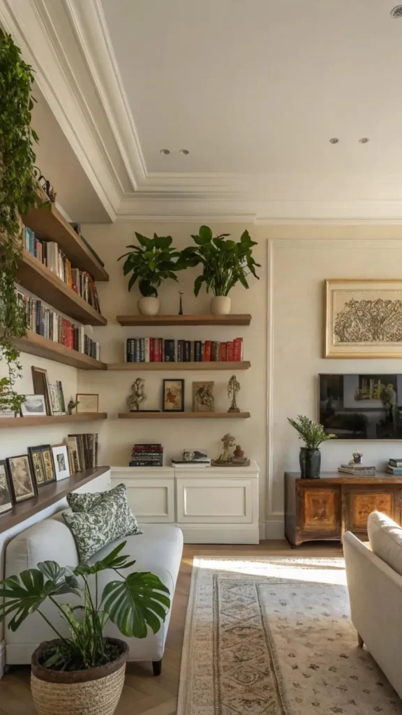 grouped curved floating shelves living room gallery wall organic composition 2026