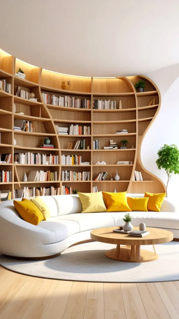 curved bookshelf living room lighting LED strip warm spotlight evening atmospheric 2026