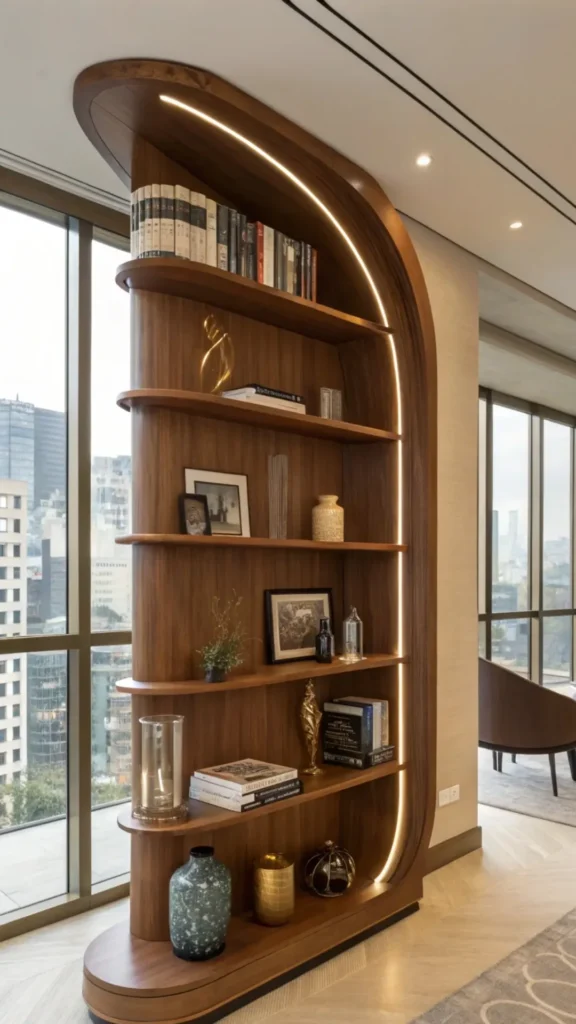 curved bookshelf living room home office corner desk beside integrated warm 2026