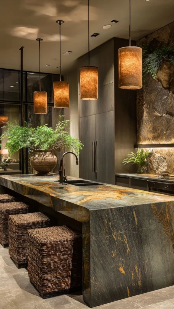 earthy kitchen ideas 2026 island design statement different material color furniture quality