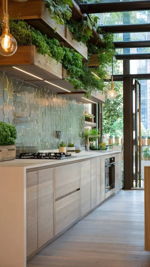 earthy kitchen ideas 2026 indoor herb wall vertical garden biophilic living green