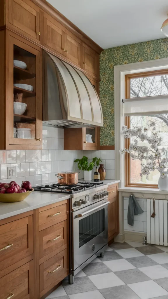 earthy kitchen ideas 2026 vintage inspired brass taps butcher block antique tile