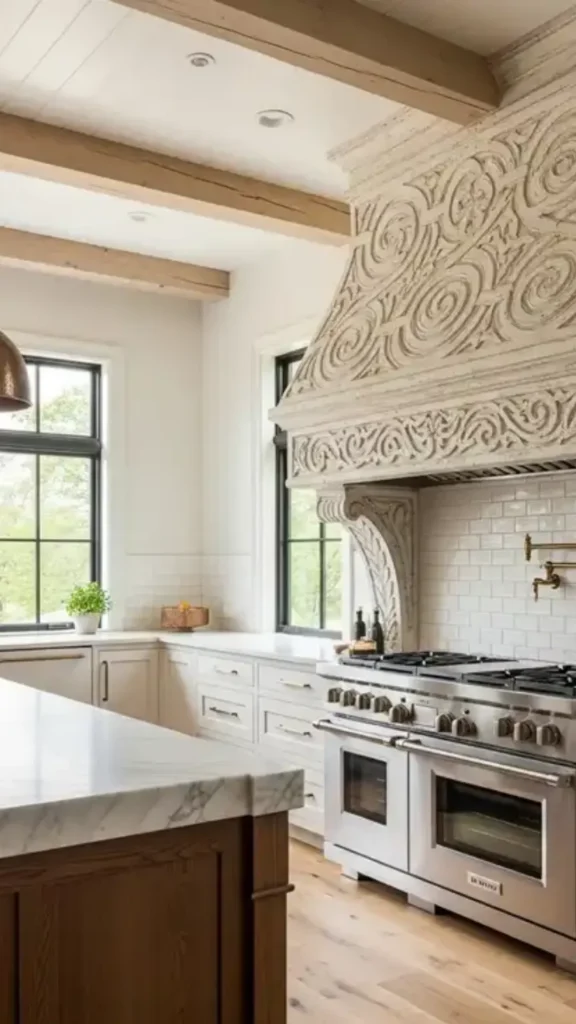 earthy kitchen ideas 2026 statement range hood plaster ceramic sculptural focal point