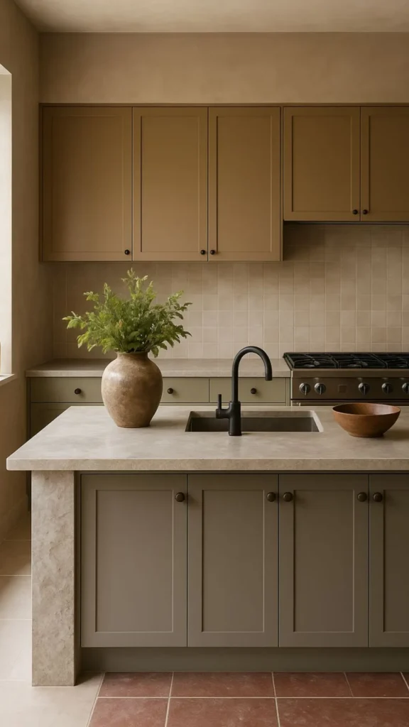 earthy kitchen ideas 2026 concrete countertop bespoke warm sandy grey tones