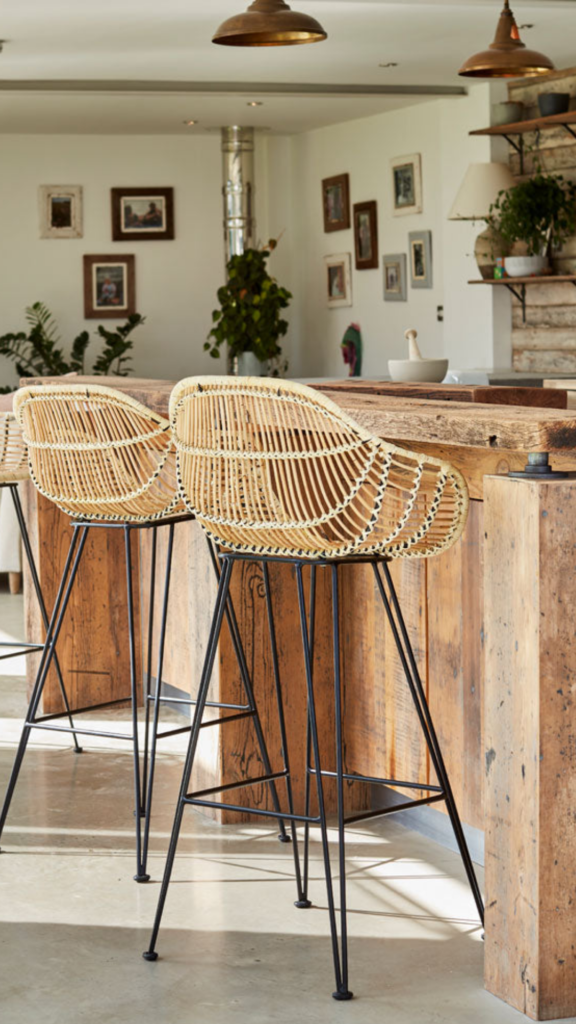 earthy kitchen ideas 2026 rattan bar stools island breakfast counter warm natural