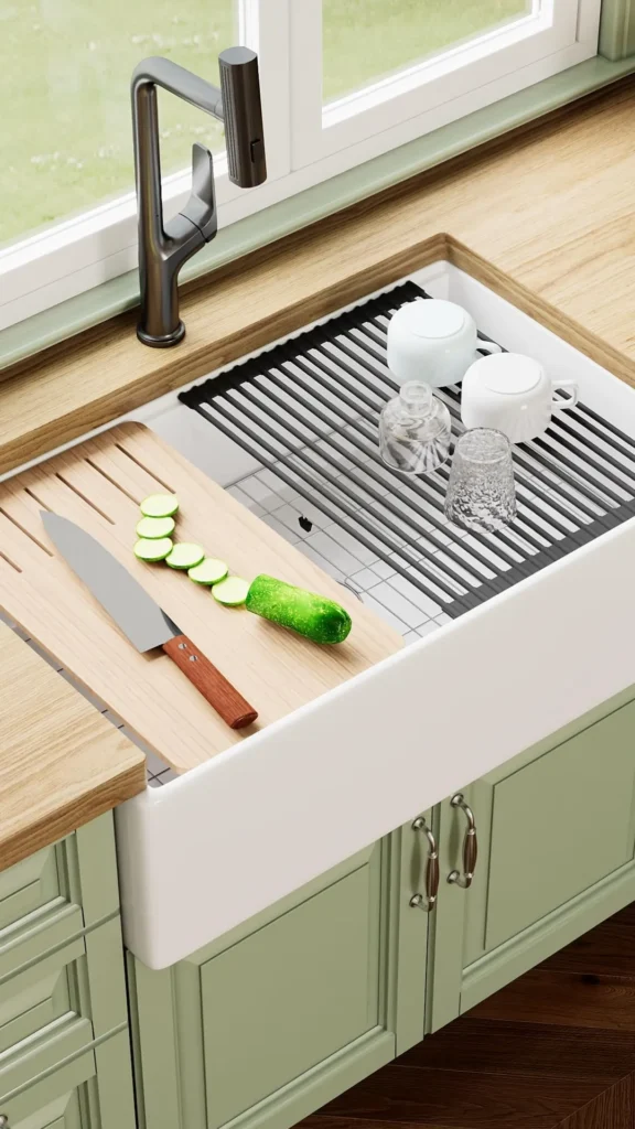 earthy kitchen ideas 2026 farmhouse apron sink creamy white warm wood stone countertop