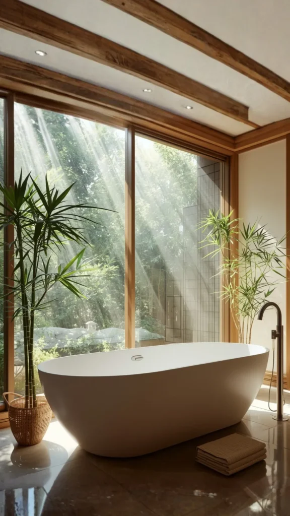 japandi bathroom ideas freestanding bath oval minimal serene natural light