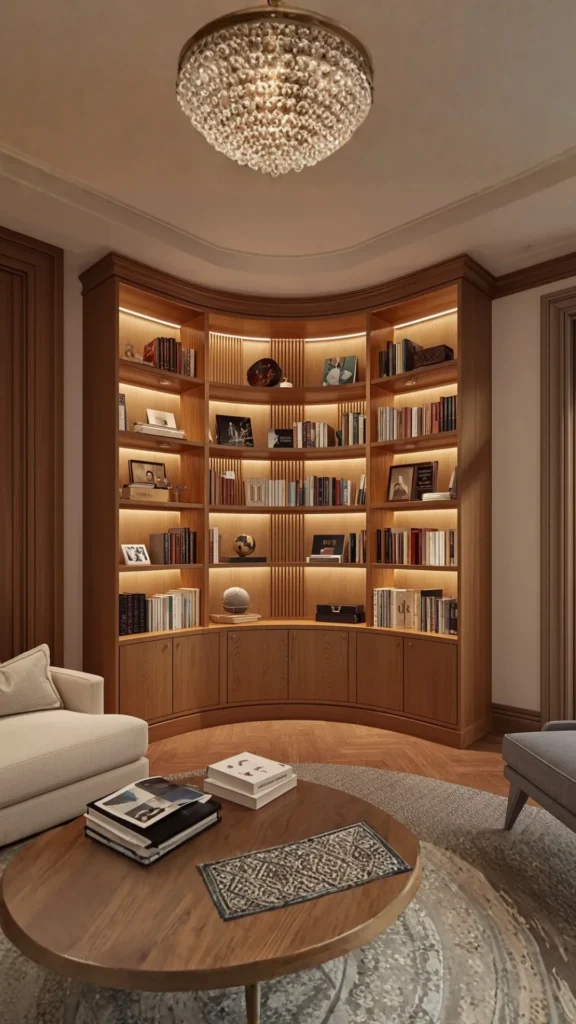 curved corner bookshelf living room elegant corner space solution 2026
