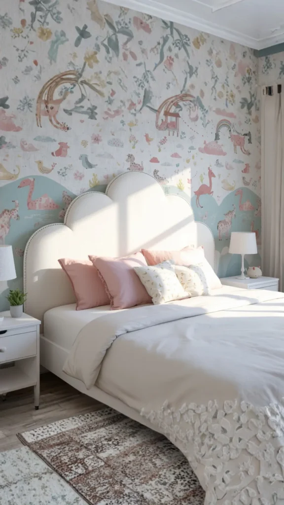 kids bouclé headboard bedroom white cloud wave shape children's room