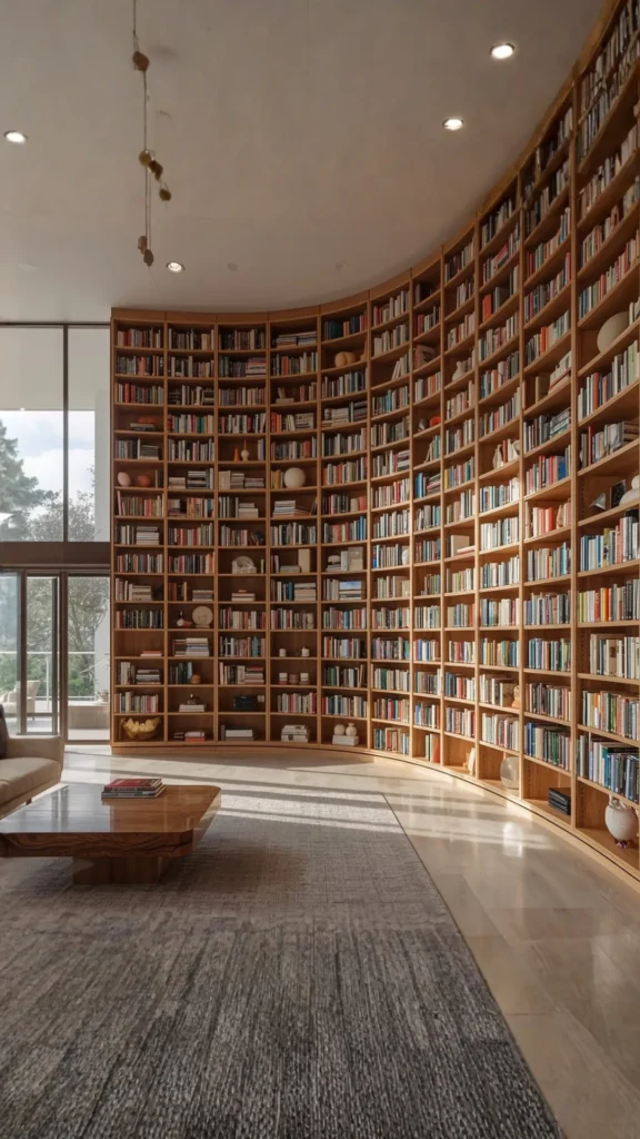 floor to ceiling curved bookshelf living room dramatic wall statement design