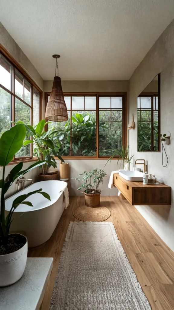 small japandi bathroom ideas serene spacious styling neutral tones 2026
