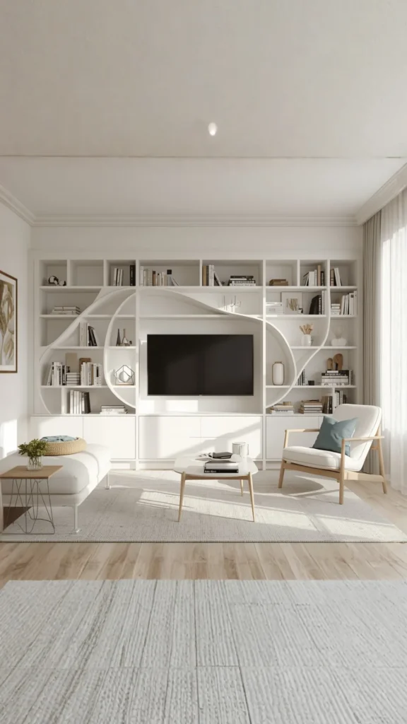 white wave curved bookshelf living room minimalist scandinavian clean lines
