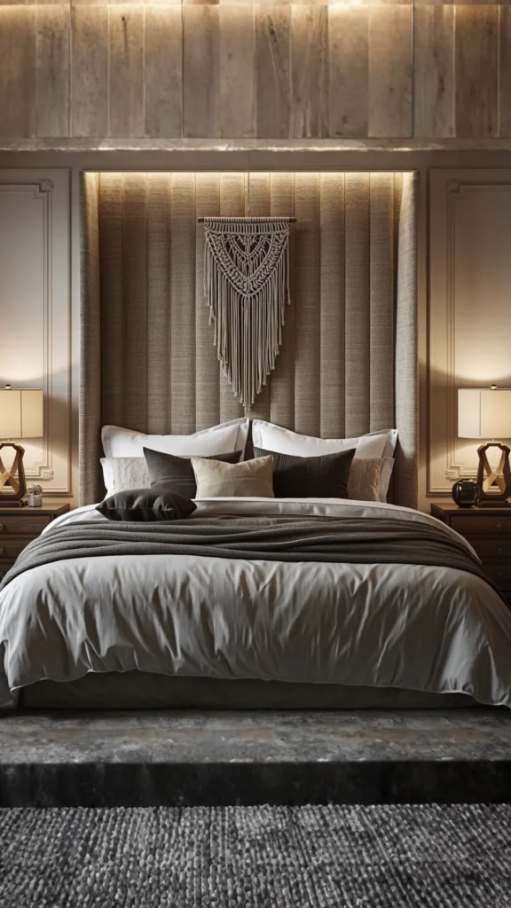 how to style bouclé headboard bedroom layered bedding accessories lighting guide