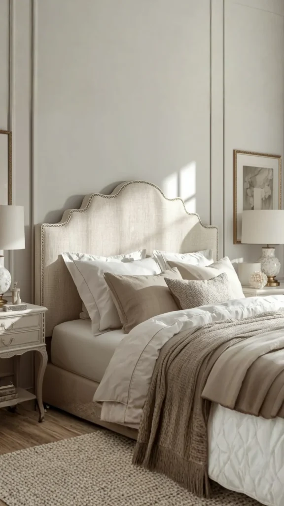 bouclé headboard bedroom scalloped edge detail soft neutral 2026