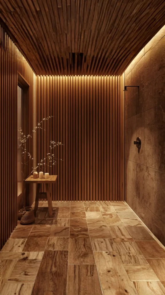 japandi bathroom ideas shower room wooden slat wall feature earthy tiles