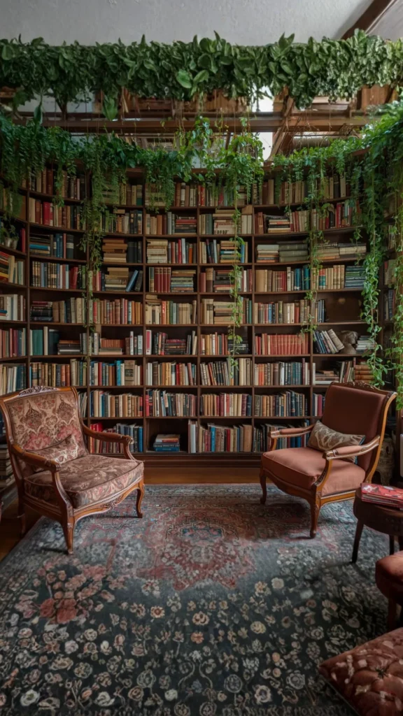 curved bookshelf living room filled with books and plants cozy lush styling