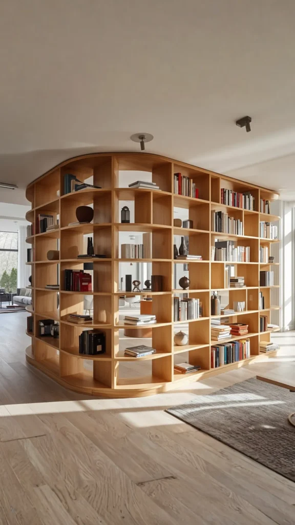 curvy bookcase curved bookshelf living room divider open plan space