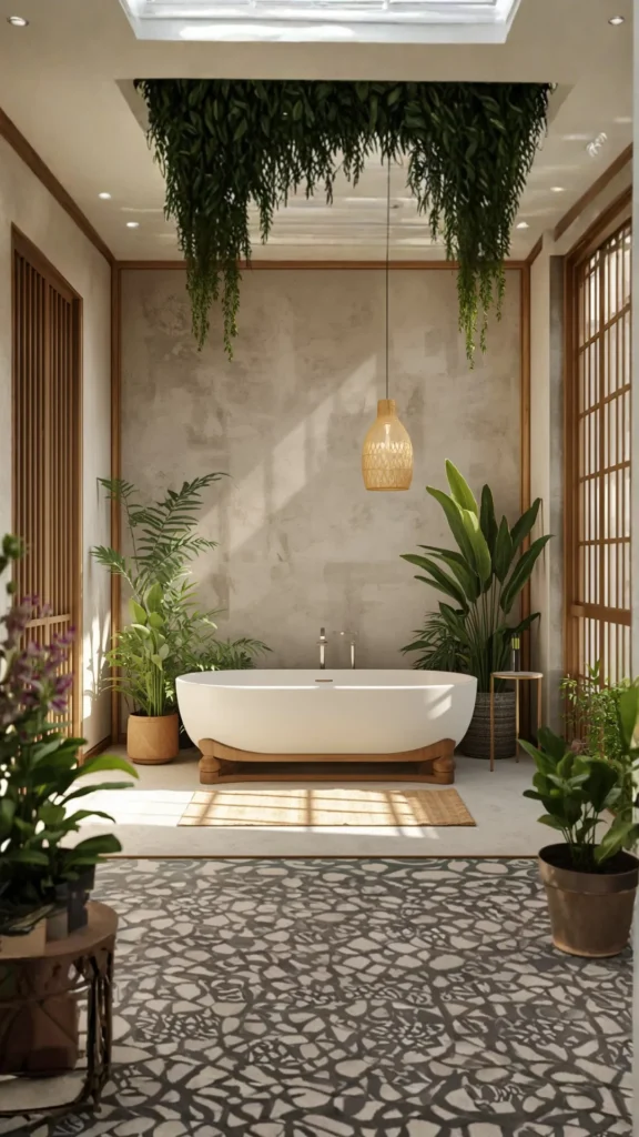 japandi bathroom ideas indoor plants spa forest biophilic natural green