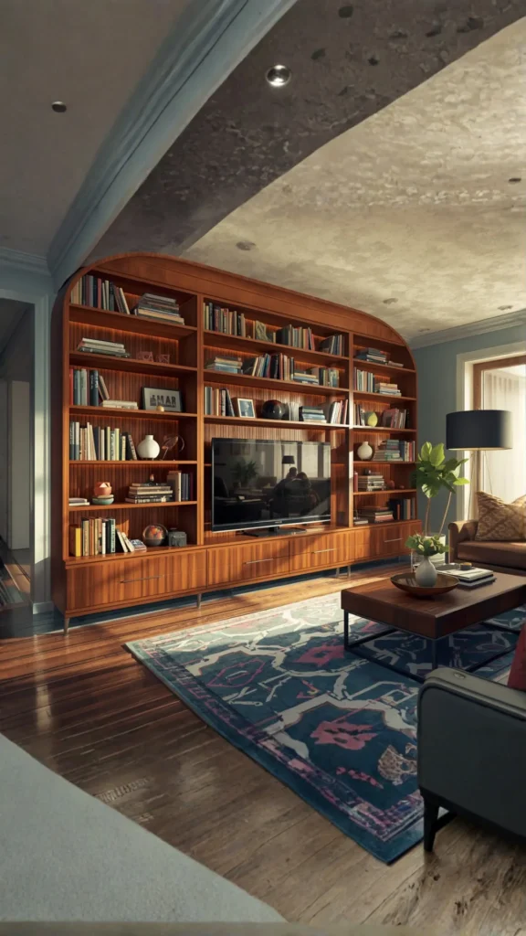 mid century curved bookshelf living room walnut tones retro inspired warm