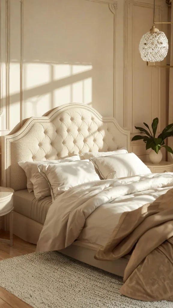 classic white bouclé headboard bedroom crisp linen warm lighting
